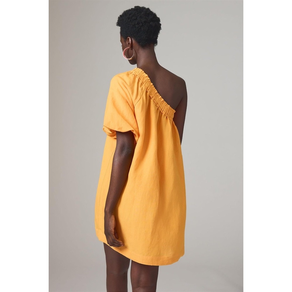 Anthropologie Orange One Shoulder Linen Blend Mini Dress Large Puff Sleeve Large - Picture 2 of 6